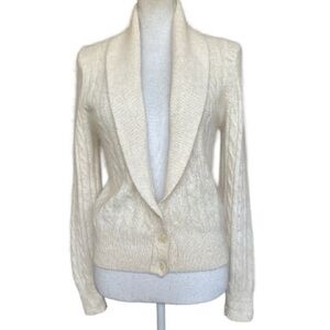 VTG Cassidy Off-White Cream Silk Angora Cable Knit Cardigan with Shawl Collar L